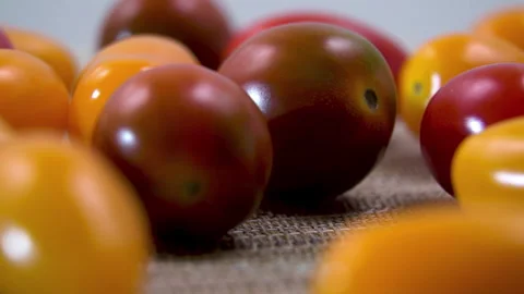 Mixed Cherry Tomatoes Size and Color Diversity Slow Turntable Shot Vídeo Stock 344861533
