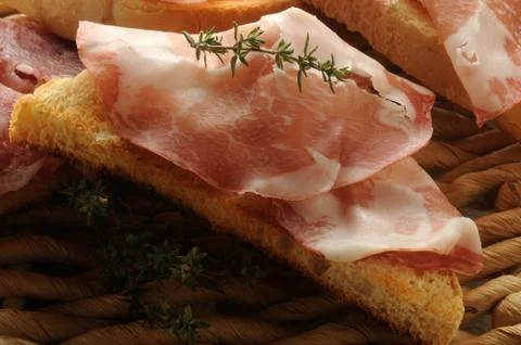 Mixed cold cuts on bread Stock Photos