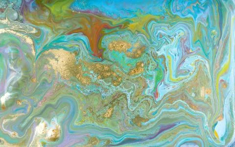 Mixed colored paints background. Multicolor pattern with golden glitter. Stock Illustration