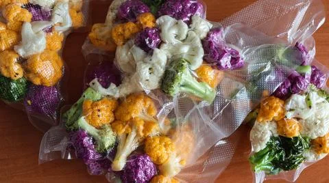 Mixed colorful vegetables packed in plastic bags on a wooden surface Stock Photos