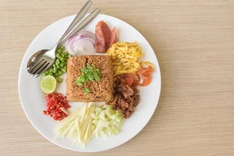 Mixed cooked rice with shrimp paste sauce Stock Photos