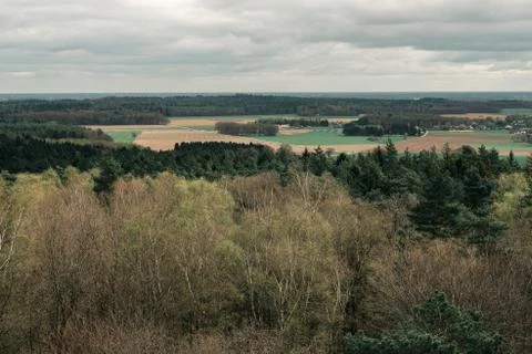 Mixed deciduous and pine forest with farmland and infrastructure. High angl.. Stock Photos