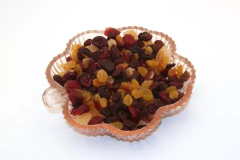 Mixed dried fruit in a dish. Stock Photos
