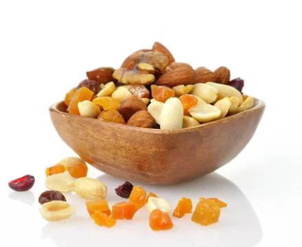 Mixed dried fruit, nuts and seeds Stock Photos