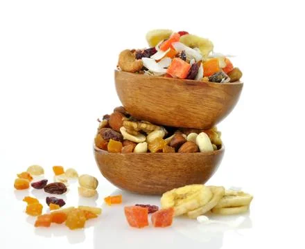 Mixed dried fruit, nuts and seeds Stock Photos