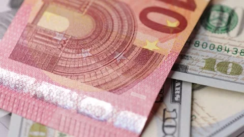 Mixed euro and dollar banknotes rotating in macro closeup showing color con.. Stock Footage 323975123