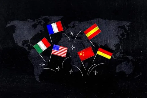 Mixed flags above world map overlay Ilustração Stock
