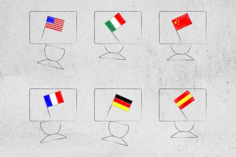 Mixed foreign language flags on students desks in classroom Stock Illustration