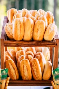 Mixed fresh bread exposed on the table -concept of bakery and catering event  Foto stock