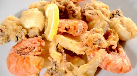 Mixed fried fish rotating close up Stock Footage 34100177