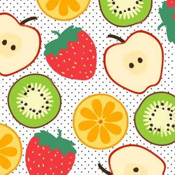 Mixed fruit on dot pattern background. Vector illustration. Illustrazione stock