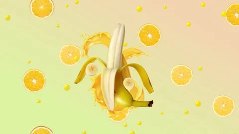 Mixed Fruit Multi-Vitamin Splash Animation with Banana and Oranges Vídeo Stock 335385725