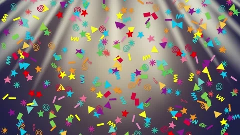 Mixed Geometric Shapes Falling Through Bright Light Rays Background Stock Footage 342209457