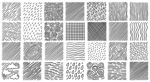 Mixed hand drawn crosshatch textures pack with lines swirls dots drops and .. Stock Illustration