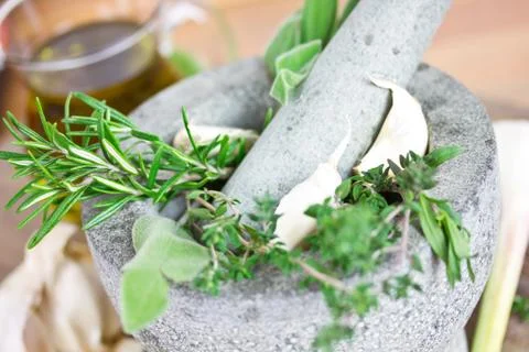Mixed herbs in mortar Foto stock