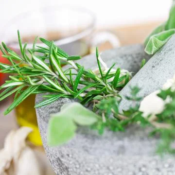 Mixed herbs in mortar Stock Photos