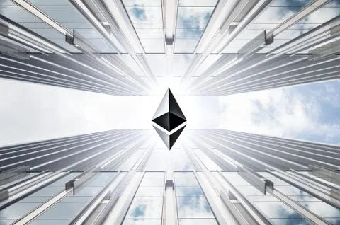 Mixed image which are ethereum crypto currency and abstract blue background Stock Photos