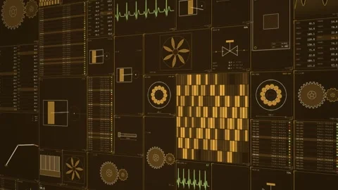 Mixed Machine AND Data Deck Amber Perspective Wall Stock-Footage 343649106