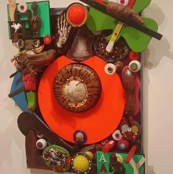 Mixed media artwork showcasing found objects creating a unique abstract com.. Stock Photos