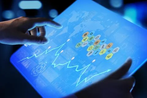 Mixed media, Business intelligence analytics. Icons, graphs and charts on 库存照片