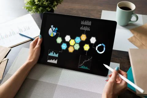 Mixed media. Colored business application icons on device screen. Marketing 스톡 사진