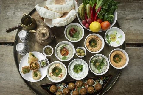 Mixed middle eastern meze sharing food platter in turkish restaurant Stock Photos