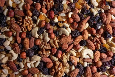 Mixed Nuts: Almonds, Walnuts, Cashews, Peanuts, Hazelnuts, Dried Prunes and R Stock Photos