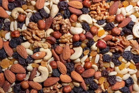 Mixed Nuts: Almonds, Walnuts, Cashews, Peanuts, Hazelnuts, Dried Prunes and R Stock Photos