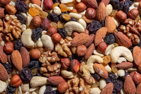 Mixed Nuts: Almonds, Walnuts, Cashews, Peanuts, Hazelnuts, Dried Prunes and R Stock Photos