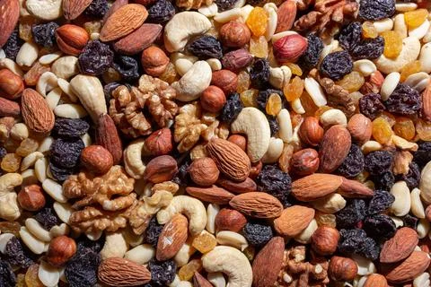 Mixed Nuts: Almonds, Walnuts, Cashews, Peanuts, Hazelnuts, Dried Prunes and R Stock Photos