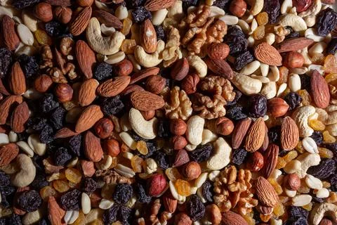 Mixed Nuts: Almonds, Walnuts, Cashews, Peanuts, Hazelnuts, Dried Prunes and R Stock Photos