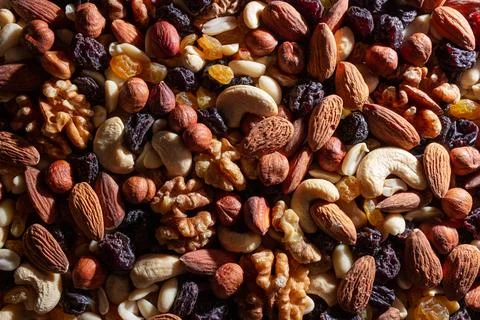 Mixed Nuts: Almonds, Walnuts, Cashews, Peanuts, Hazelnuts, Dried Prunes and R Stock Photos