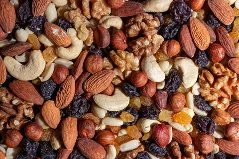 Mixed Nuts: Almonds, Walnuts, Cashews, Peanuts, Hazelnuts, Dried Prunes and.. Stock Photos