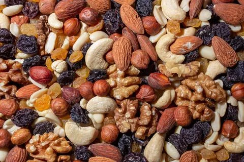 Mixed Nuts: Almonds, Walnuts, Cashews, Peanuts, Hazelnuts, Dried Prunes and R Stock Photos