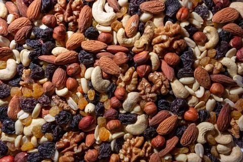 Mixed Nuts: Almonds, Walnuts, Cashews, Peanuts, Hazelnuts, Dried Prunes and.. Stock Photos