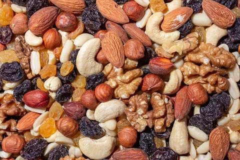 Mixed Nuts: Almonds, Walnuts, Cashews, Peanuts, Hazelnuts, Dried Prunes and.. Stock Photos