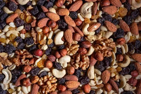 Mixed Nuts: Almonds, Walnuts, Cashews, Peanuts, Hazelnuts, Dried Prunes and.. Stock Photos