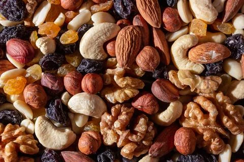 Mixed Nuts: Almonds, Walnuts, Cashews, Peanuts, Hazelnuts, Dried Prunes and.. Stock Photos
