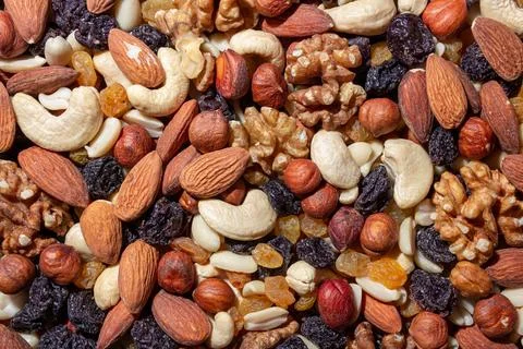 Mixed Nuts: Almonds, Walnuts, Cashews, Peanuts, Hazelnuts, Dried Prunes and.. Stock Photos