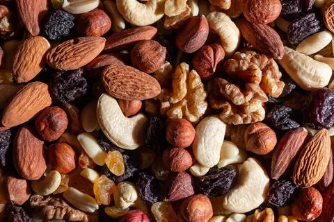 Mixed Nuts: Almonds, Walnuts, Cashews, Peanuts, Hazelnuts, Dried Prunes and.. Stock Photos