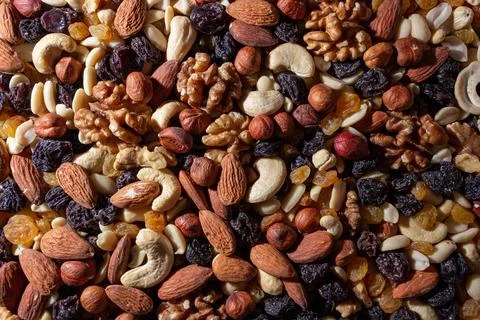 Mixed Nuts: Almonds, Walnuts, Cashews, Peanuts, Hazelnuts, Dried Prunes and.. Stock Photos