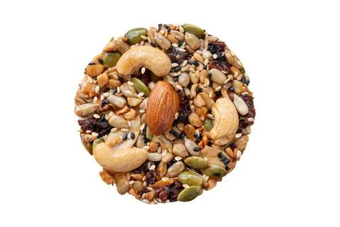 Mixed Nuts and dried fruit cookies on white background with clipping path Stock Photos