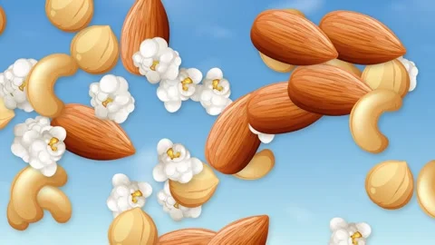 Mixed Nuts and Popcorn Falling Through a Clear Blue Sky Stock Footage 345117831
