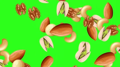 Mixed Nuts Bursting and Falling Animation on Green Screen Background Stock Footage 346372626