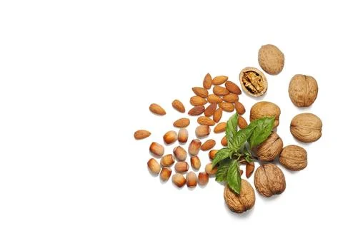 Mixed nuts composition with walnuts, hazelnuts, almonds and fresh basil lea.. 库存照片
