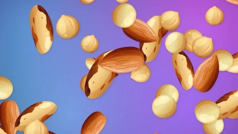 Mixed Nuts Falling Against a Vibrant Purple and Blue Gradient Background Stock Footage 344714776