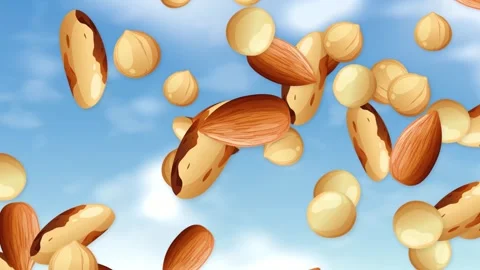 Mixed Nuts Falling Through a Bright Blue Sky with Clouds Stock Footage 343836556