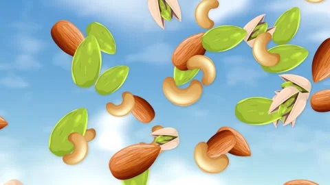 Mixed Nuts Falling Through a Bright Blue Sky with Clouds Stock Footage 344714586