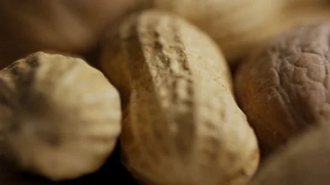 Mixed nuts including walnuts peanuts and almonds macro view Stock Footage 327829579