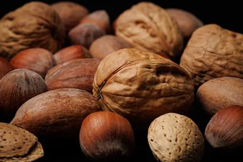Mixed Nuts laid out on a table Stock Photos
